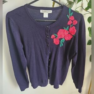 Chic Purple Cardigan with Red Floral Design
